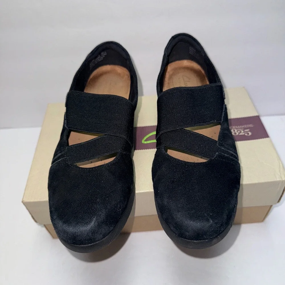 Clarks Daelyn Villa Black Suede Elastic Strap Wedge‎ Loafers 26102697 Womens 6M